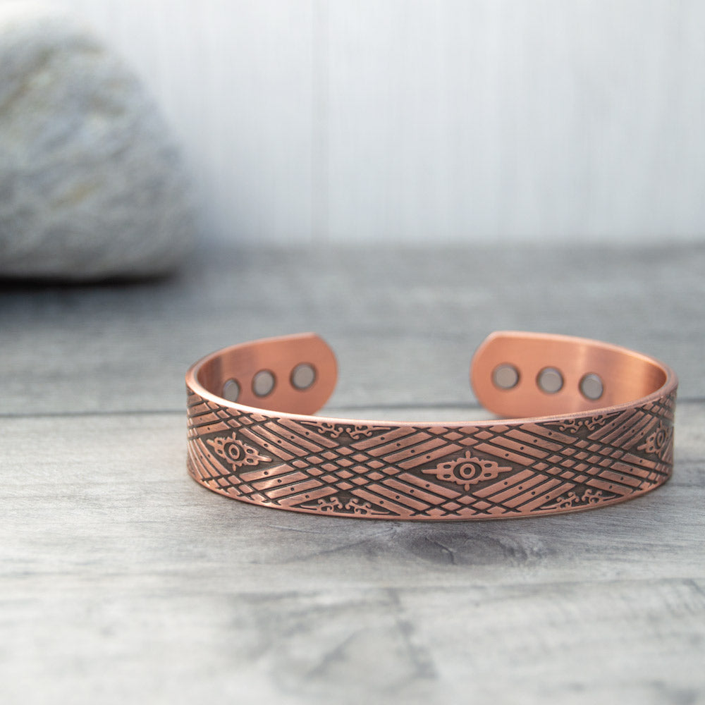 Hawthorn Mens Copper Bangle with gemoetric design and 6 magnets