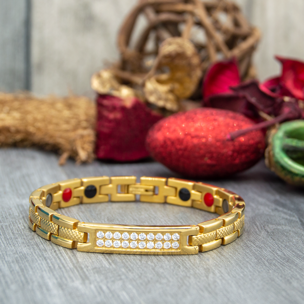 Women's Magnetic Bracelet with 4 Health Elements - Gold Colour with White Diamonte crystals - A perfect Christmas Present