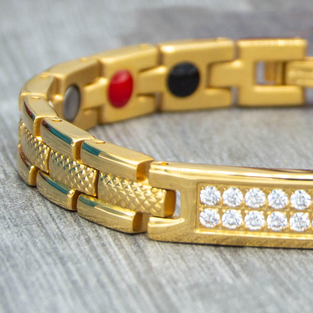 Women's Magnetic Bracelet with 4 Health Elements - Gold Colour with White Diamonte crystals