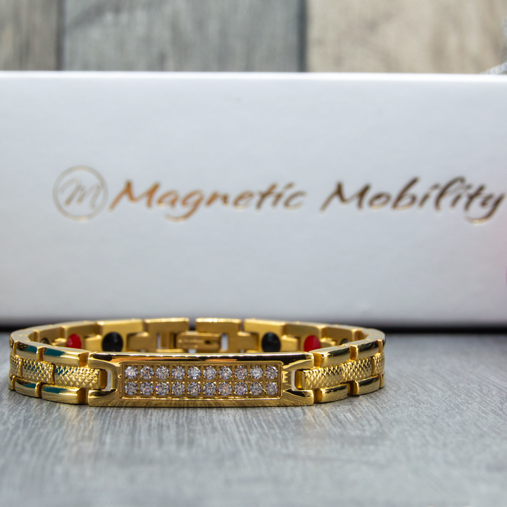 Women's Magnetic Bracelet with 4 Health Elements - Gold Colour with White Diamonte crystals - With Luxury Gift Box
