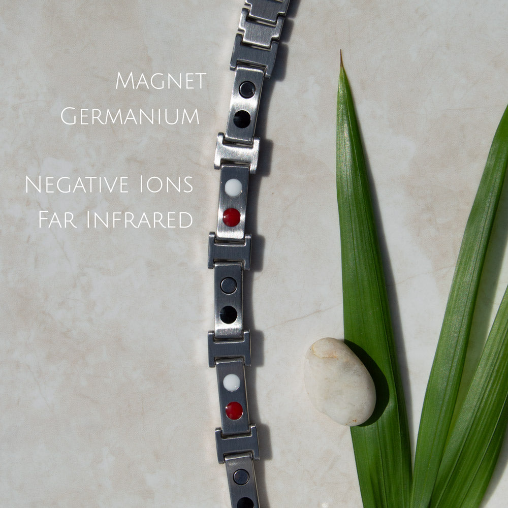 Back view of Illyrian Summer - Mens Magnetic Health and Wellness bracelet - showing the 4 Health Elements - Magnets, Germanium, Negative Ions and FIR