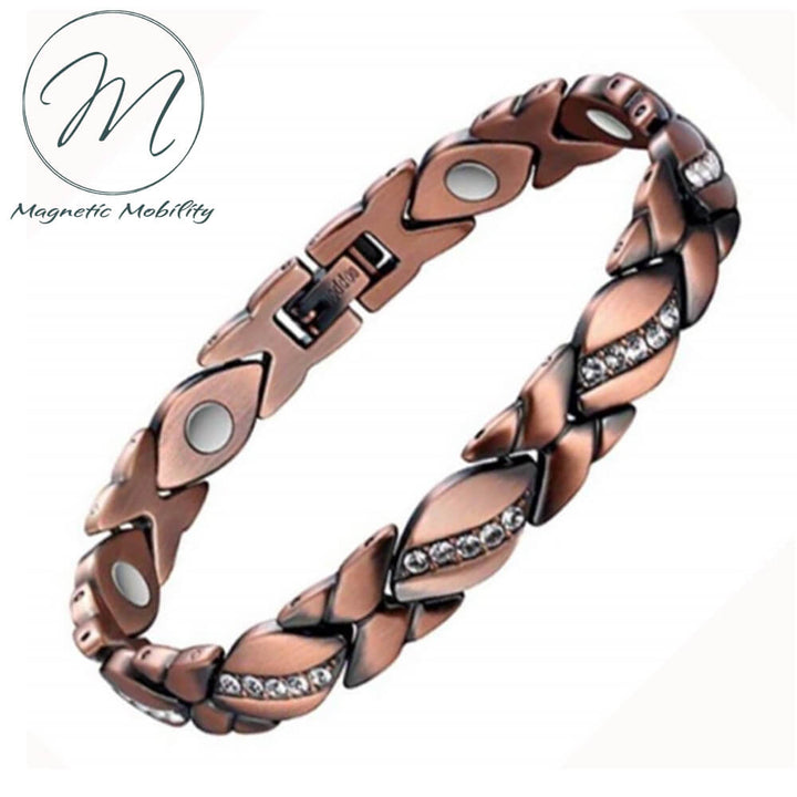Front View. Elegant and stylish Womens Magnetic Copper Bracelet. 99.9% pure Copper, 3000 gauss Neodymium Magnets: Relieve Pain, Reduce inflammation, Improve circulation, Improve immune function. Get back to living your best life pain free! Helps relieve  Arthritis and joint/muscle pain. Ideal gift idea! Support Irish