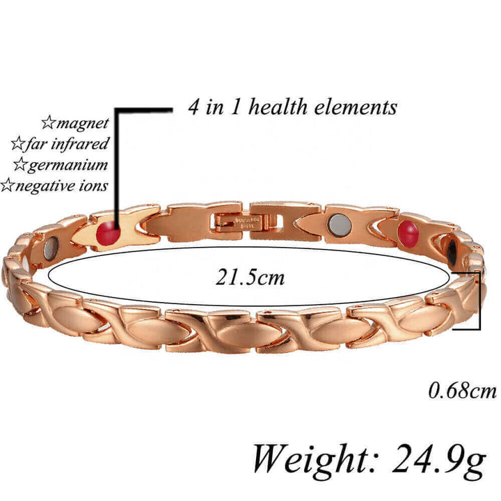 A beautiful bracelet is the key to any good outfit Create an eye-catching look and combine this Magnetic Mobility rose gold bracelet with other top quality jewellery. The neodymium-magnets, FIR technology, Negative ion technology  and germanium stones give you the necessary energy and power for your everyday life.     A great gift for every occasion.