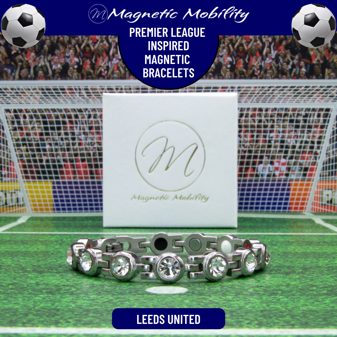 Leeds United Fan Jewellery - Magnetic Bracelet in Leeds Premier League Team colours. For people with Migraine, Sports Injuries, Menopause symptoms, Back pain, arthritis etc. 