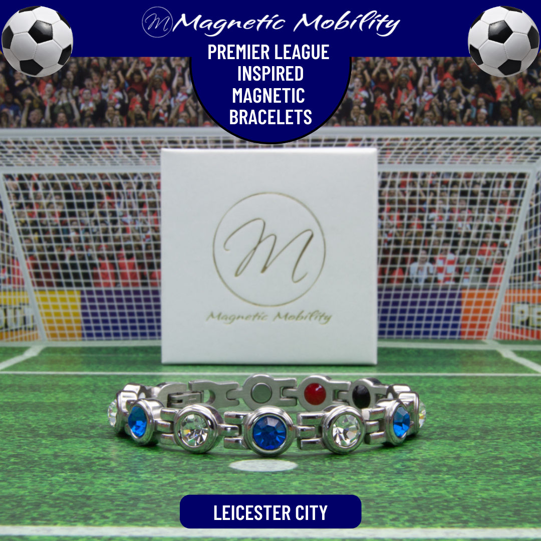 Leicester City Fan Jewellery - Magnetic Bracelet in Leicester Premier League Team colours. For people with Migraine, Sports Injuries, Menopause symptoms, Back pain, arthritis etc. 