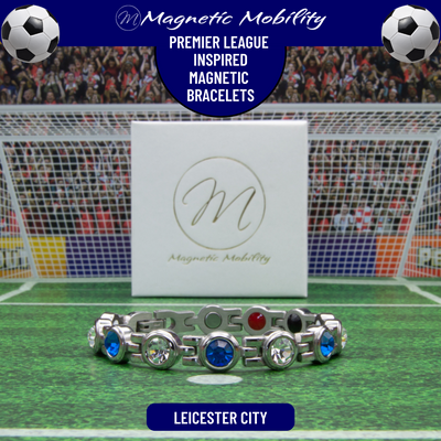Leicester City Fan Jewellery - Magnetic Bracelet in Leicester Premier League Team colours. For people with Migraine, Sports Injuries, Menopause symptoms, Back pain, arthritis etc. 