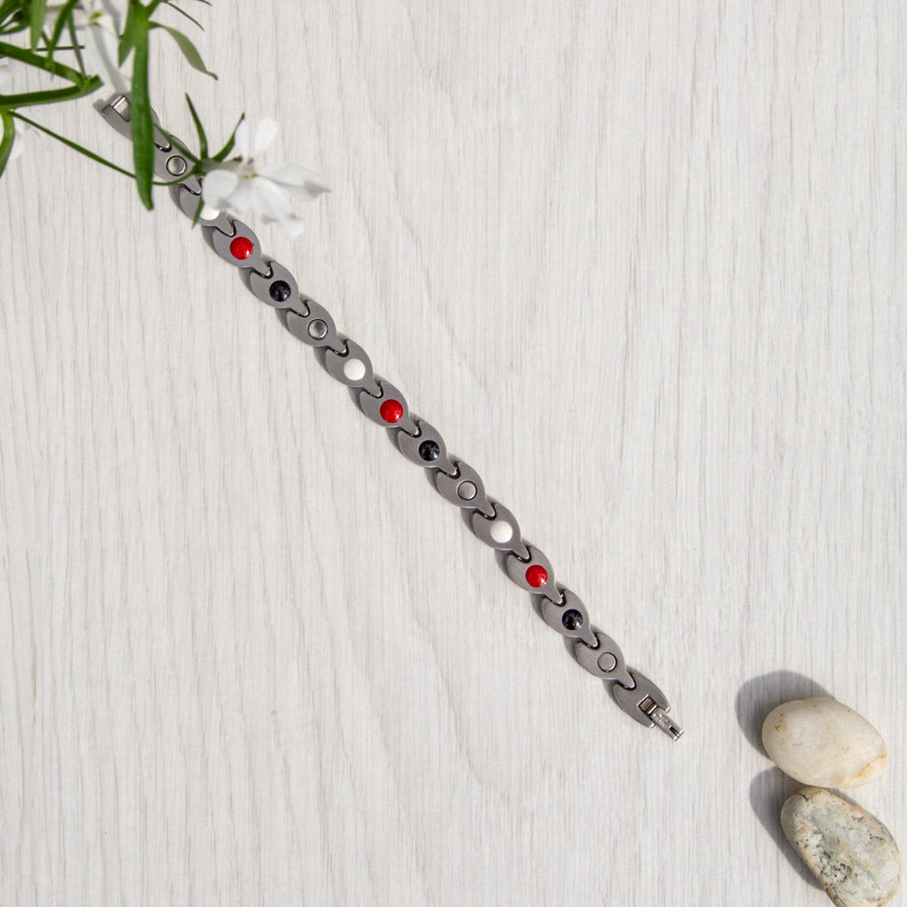 Lobelia Moon Silver Women's Magnetic Bracelet Back  view - showing 4in1 health elements - FIR, Negative Ions, Germanium, Neodynium Magnets