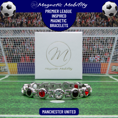 Manchester United Fan Jewellery - Magnetic Bracelet in Man U Premier League Team colours. For people with Migraine, Sports Injuries, Menopause symptoms, Back pain, arthritis etc. 