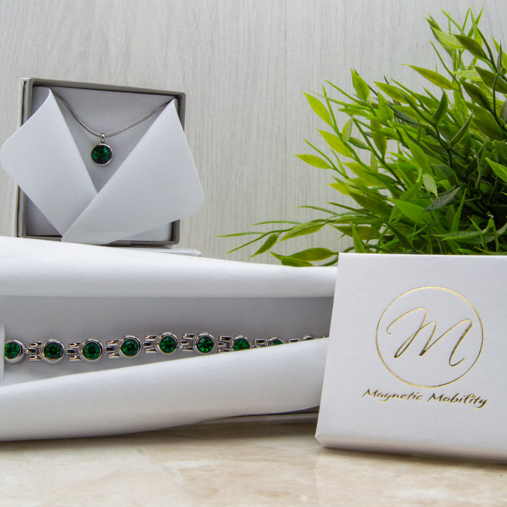 May Birthstone Gift Set for Women containing a Magnetic Necklace and a 4in1 Health Element Magnetic Bracelet.