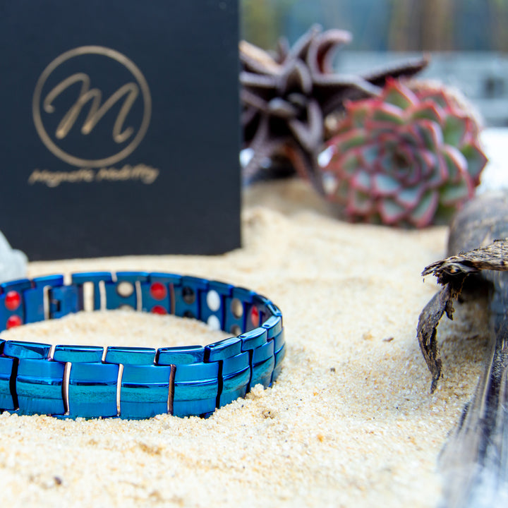 Mens Metallic Blue - Double row 4in1 Magnetic Bracelet - contains a double row of Health Elements. 