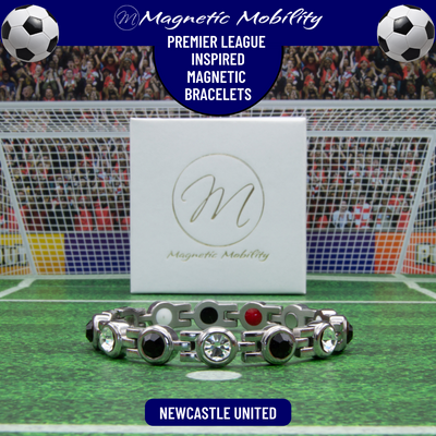 Newcastle United Fan Jewellery - Magnetic Bracelet in Newcastle Premier League Team colours. For people with Migraine, Sports Injuries, Menopause symptoms, Back pain, arthritis etc. 