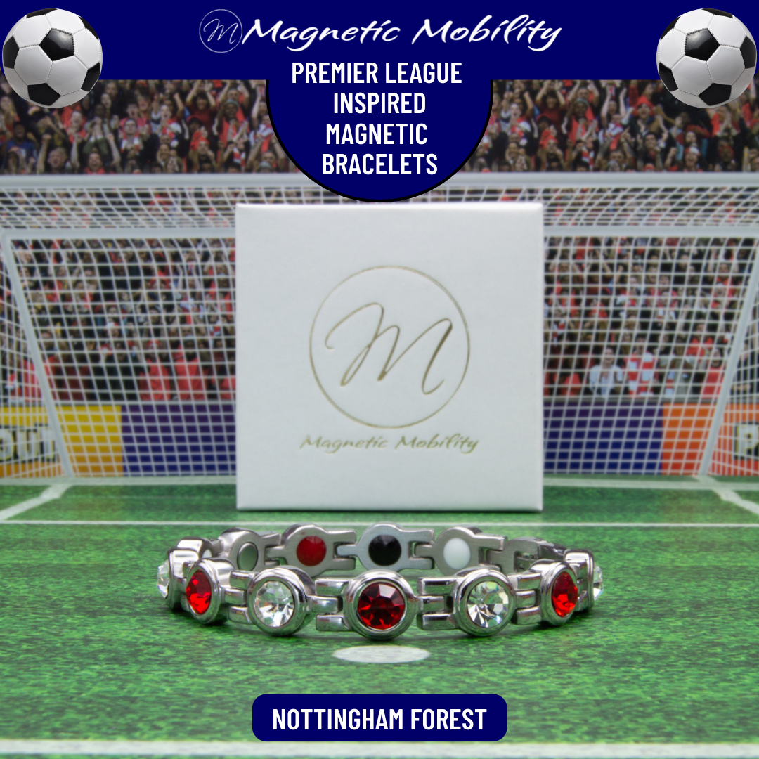 Nottingham Forrest Fan Jewellery - Magnetic Bracelet in Nottingham Premier League Team colours. For people with Migraine, Sports Injuries, Menopause symptoms, Back pain, arthritis etc. 