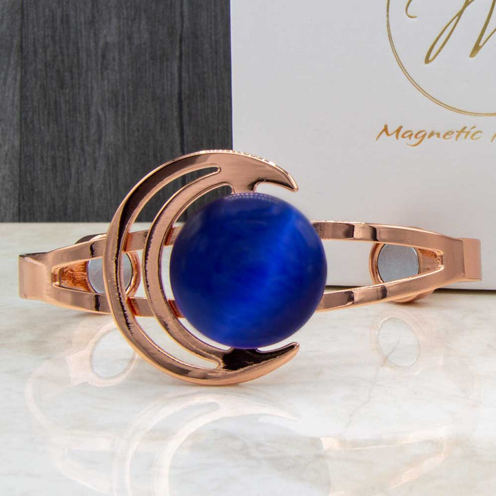 Womens Copper Bracelet with a Cresent moon and dark blue opal stone