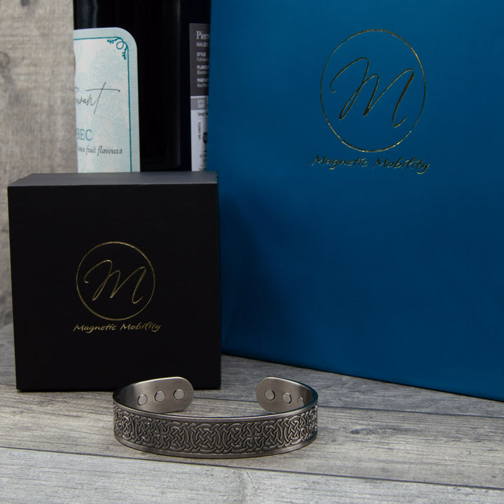 Privet mens copper bracelet in silver- shown with gift box and bag - an ideal Father's Day gift