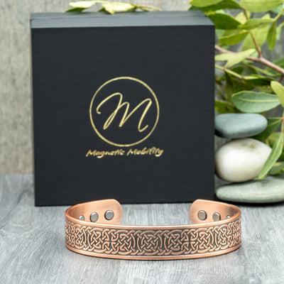 Celtic design copper bracelet with magnets, open back for easy adjustment. For people with arthritis