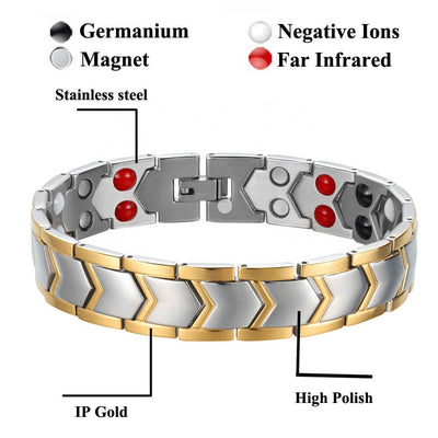 Mens Magnetic Bracelet front view. Chevron gold and silver design. Contains a Double row of * Neodymium Magnets * Germanimum * Far Infrared Rays * Negative Ions. Support Irish. Srong and durable. 
