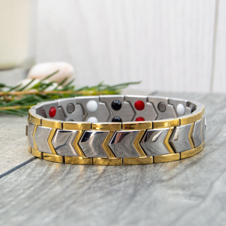 Mens Silver and Gold Magnetic Health Bracelet showing the front and the double row of Health elements in the back
