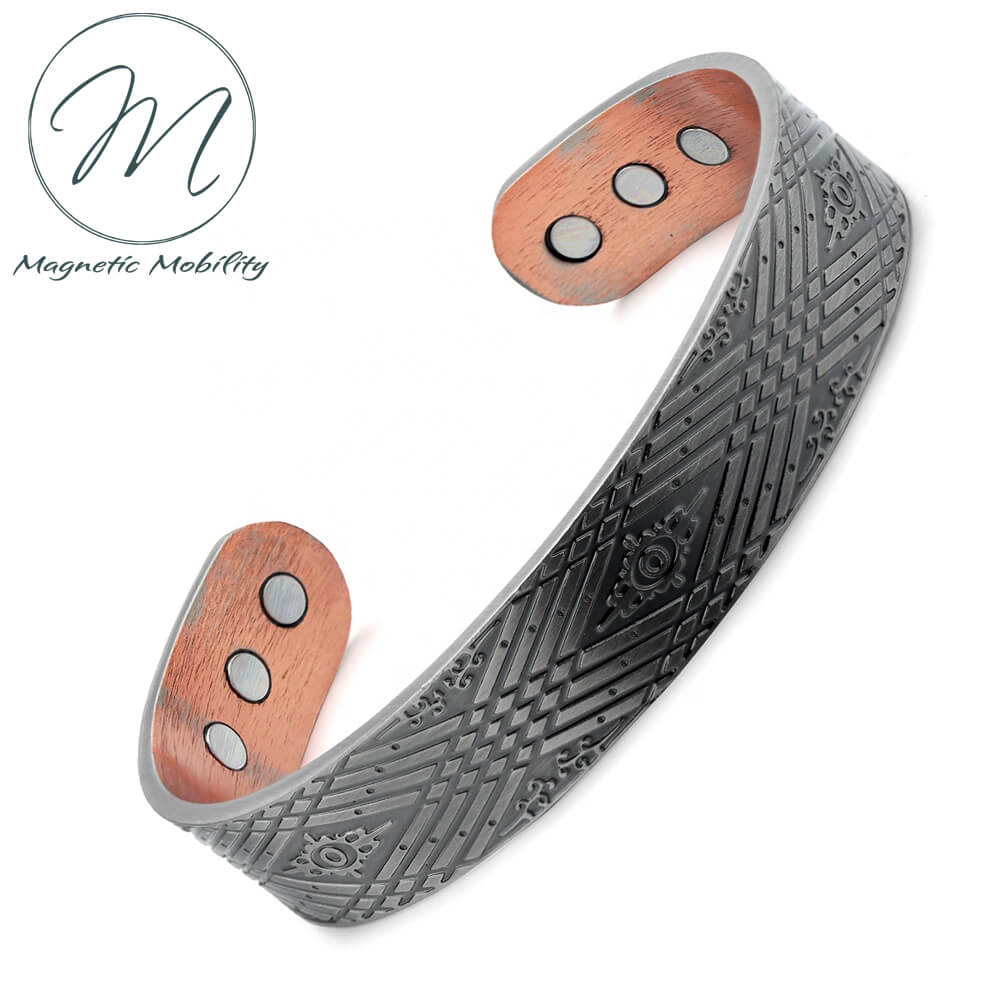 Contemporary Geometric - Mens Silver Magnetic Copper Bracelet. 99.9% pure Copper, 3000 gauss Neodymium Magnets: Relieve Pain, Reduce inflammation, Improve circulation, Improve immune function.