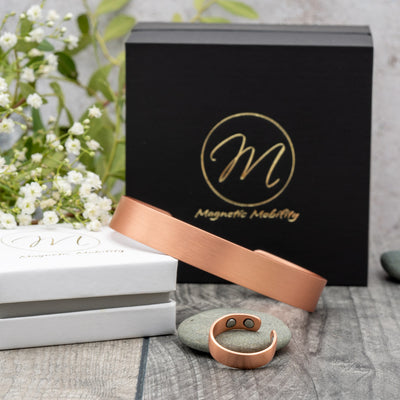 Copper Gift Set featuring a Thick Copper Bracelet and Ring with Neodymium Magnets, designed to help with arthritis and pain relief