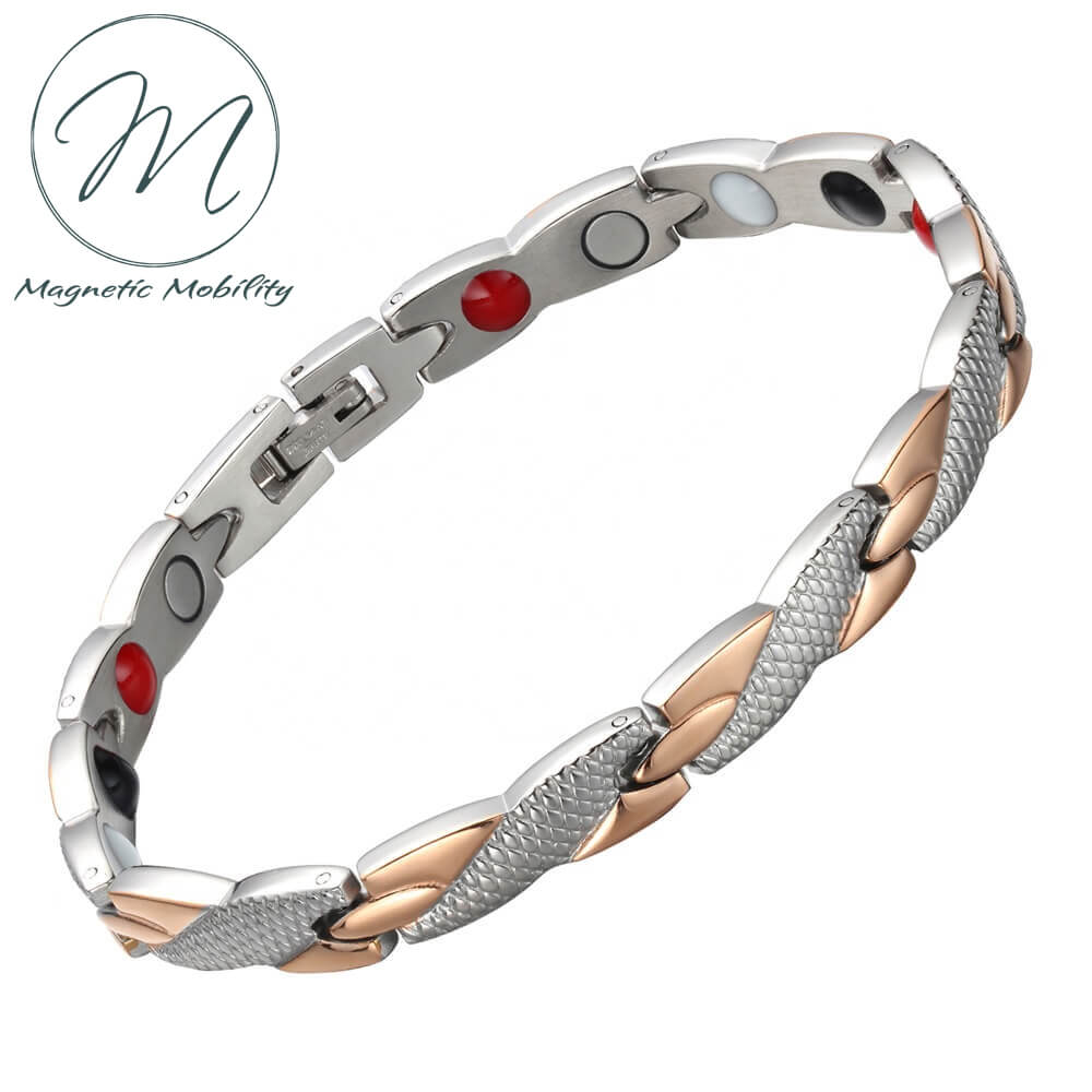 Timeless. Simple. Elegant. Attractively designed rose gold and silver magnetic bracelet. Helps with Pain relief from: Arthritis, runners knee, sports injuries, Migraine, tennis elbow, myalgia, ideal for Spoonies. Contains 4in1 Health Elements: * Neodymium Magnets * Germanium * Far Infrared Rays * Negative Ions. Irish Gift