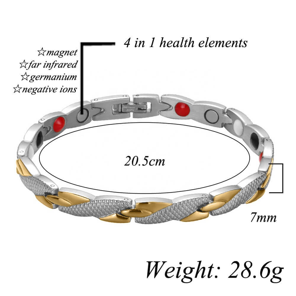 Timeless. Simple. Elegant. Attractively designed gold and silver magnetic bracelet. Helps with Pain relief from: Arthritis, runners knee, sports injuries, Migraine, tennis elbow, myalgia, ideal for Spoonies. Contains 4in1 Health Elements: * Neodymium Magnets * Germanimum * Far Infrared Rays * Negative Ions. Buy Irish