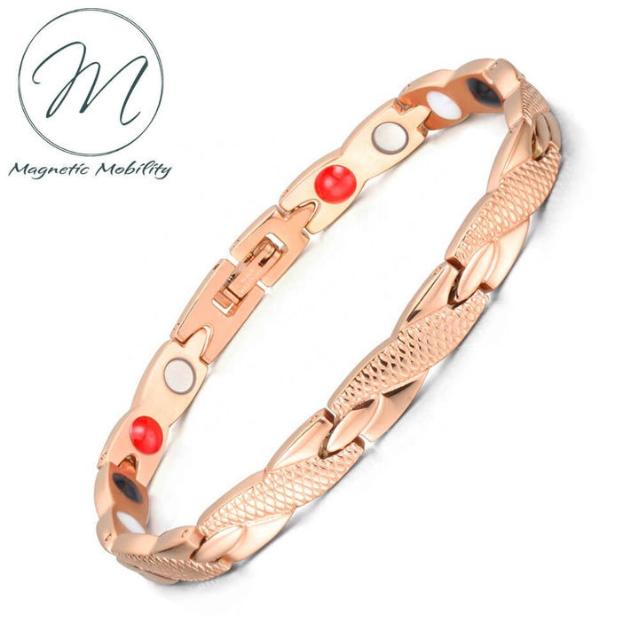 Timeless. Simple. Elegant. Attractively designed rose gold magnetic bracelet. Helps with Pain relief from: Arthritis, runners knee, sports injuries, Migraine, tennis elbow, myalgia, stress relief, ideal for Spoonies. Contains 4in1 Health Elements: * Neodymium Magnets * Germanimum * Far Infrared Rays * Negative Ions.