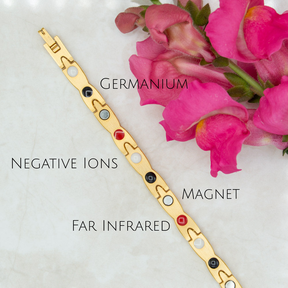 Women's Gold colour 4in1 Health Elelement Magnetic Bracelet.  Back view shoing the 4 Health Element - Germanium, Negative ions, Far Infrared and Magnets. Snakeskin design. 