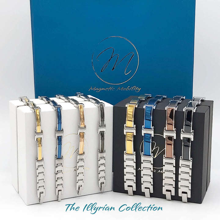 Image shows full Illyrain collection - Men and Womens styles of Magnetic bracelet in 4 colours with black or white jewellery box and gift bag