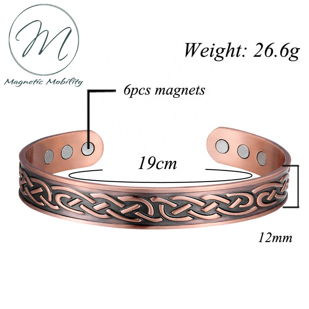 Front view. Celtic design copper bracelet with 6 Neodymium Magnets to help with arthritis pain, back pain ect.  Shows size at 19cm - other sizes available. Bracelet is adjustable. Weight approx 26.6g. 