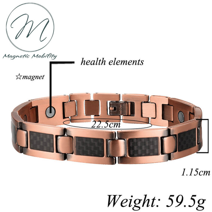 Front view. High quality 99.9% pure copper bracelet with black carbon inlay. Contains Neodymium Magnets to help with pain relief from Arthritis, Back pain, sports injuries ect.  Size shown as 22.5cm - however this bracelet is adjustable and various sizes are availble. Weight approx 59.5g size dependant. 