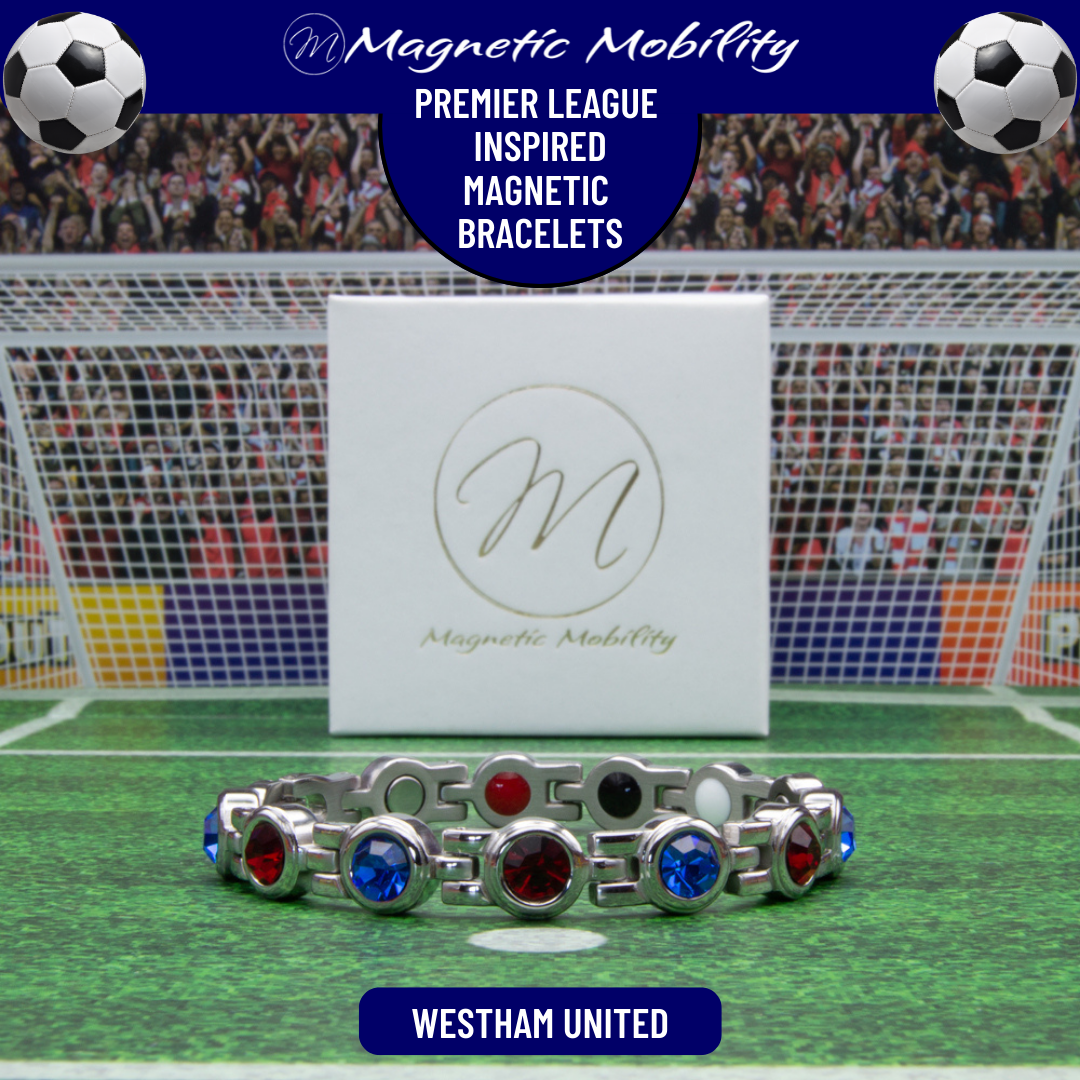 Westham Fan Jewellery - Magnetic Bracelet in Westham Premier League Team colours. For people with Migraine, Sports Injuries, Menopause symptoms, Back pain, arthritis etc. 