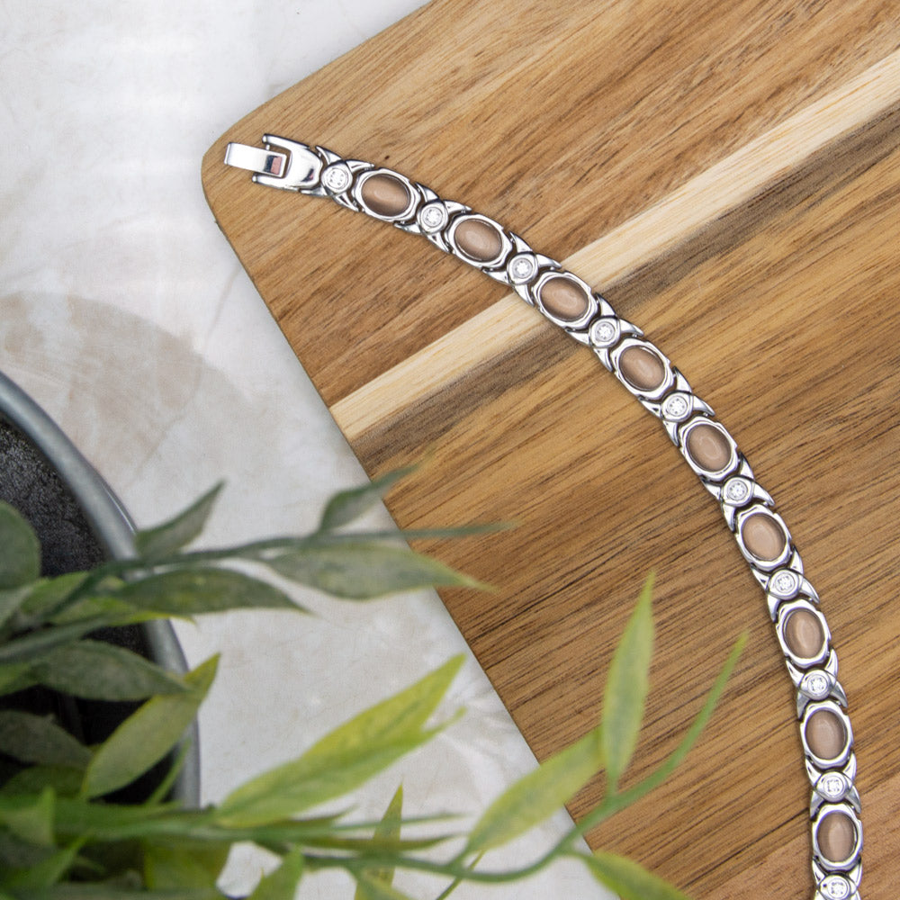 Top view of Willow Moon - Women's Magnetic bracelet with 4 health elements in Silver colour with opals and white crystals. Popular among women with Arthritis