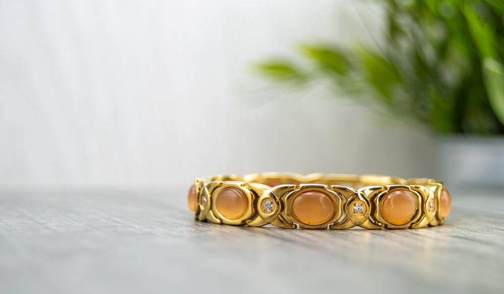 Gold Womens Magnetic Bracelet with Opals and white cyrstals - full view. Fast shipping from Ireland. 