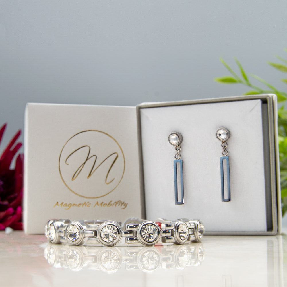 Gift set featuring 4in1 magnetic bracelet and white April birthstone earrings with magnets on the back. Comes with a re-sizing tool. Perfect gift option