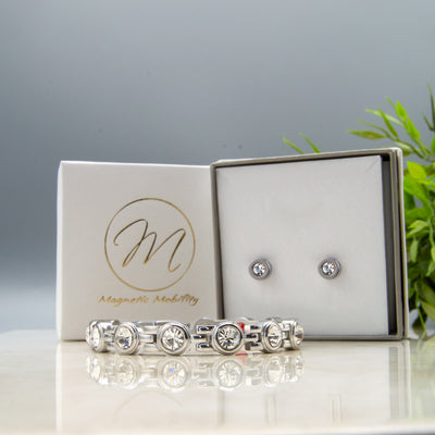 Silver Colour April Birthstone gift set for women with silver colour stud earrings and silver colour magnetic bracelet with white crystals / april birthstone with 4 health elements for people with Arthritis, migraine, back pain etc. 
