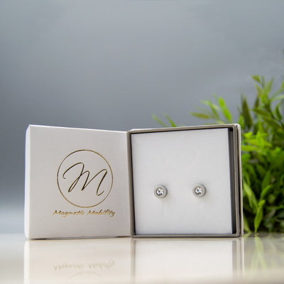 Silver coloured stud earrings with strong neodynium mangets for people with arthrits, back pain etc. in a luxury eco-friendly gift  box - fasti shipping from Ireland
